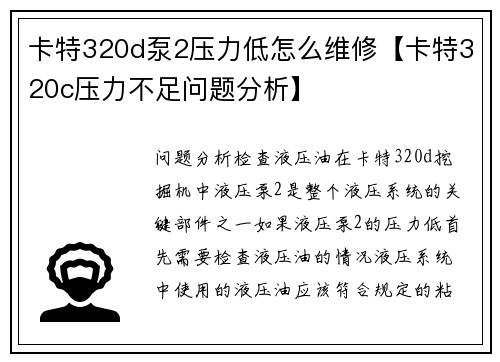 卡特320d泵2压力低怎么维修【卡特320c压力不足问题分析】